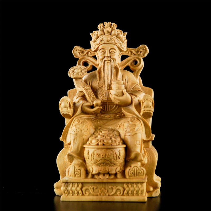Богът на богатството 12 см Фън Шуй Статуя на Буда Китайски Чемшир плавателни съдове от масивно дърво Декорация на дома, Дърворезба Изображение 0