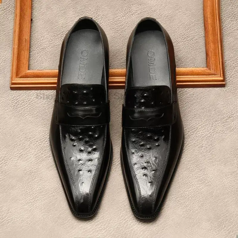 Класически Мъжки лоферы с страусиным модел, модел обувки от естествена телешка кожа, двустаен, Обзаведен офис ръчно изработени обувки без закопчалка в италиански стил Изображение 0