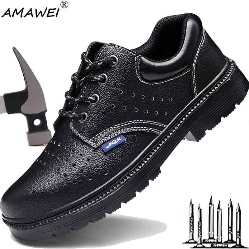 Мъжки Маратонки AMAWEI със стоманени пръсти, Нескользящие работни обувки, Кожени обувки, Леки, Дишащи Непромокаеми обувки, Защитни обувки Изображение 0