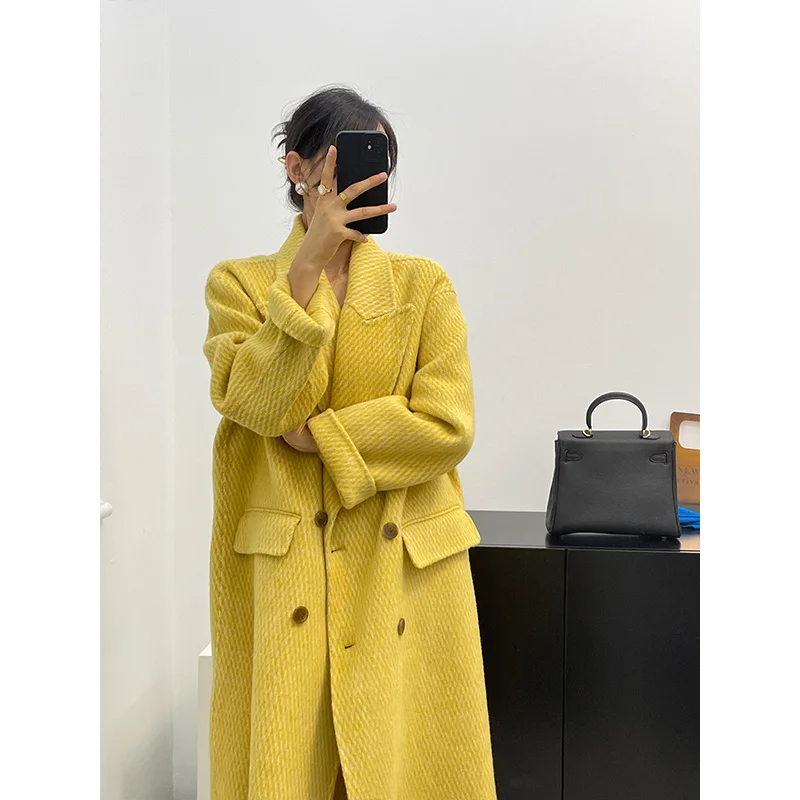Жълто френското дълго двустранно кашемировое палто с принтом Хер за жени 2023, ново есен палто от алпака Изображение 0