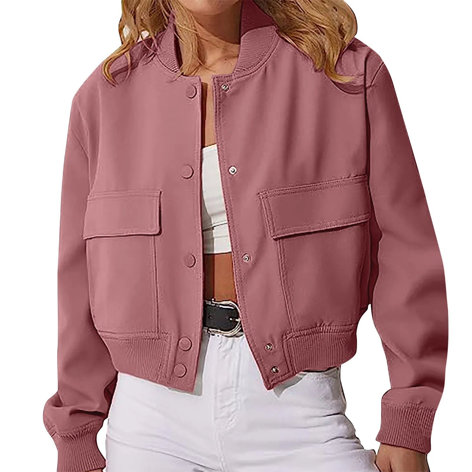 Дамско яке с прости голям джоб, Модерно късо палто с яка-ботуш и дълъг ръкав, Пролетно ежедневни Дамски однобортная однотонная на горно облекло Изображение 0