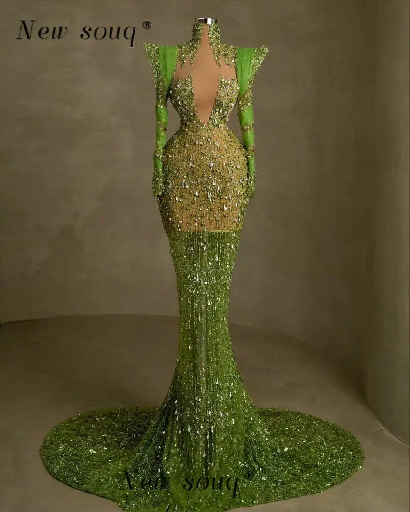 Арабската Зелена Сексуална илюзия, лъскави пайети, Вечерни рокли с високо воротом и дълги ръкави За специални случаи, официални събития, официални рокли Изображение 0