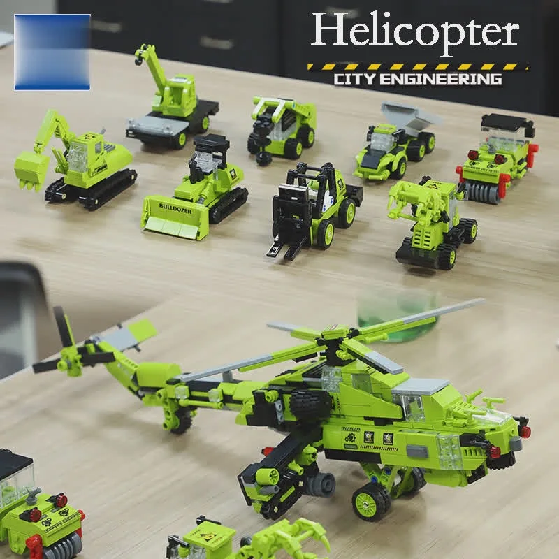Ww2 Хеликоптер Градска Инженерство 8 в 1 Модел градивните елементи на Един Булдозер Багер Детски Играчки, Подаръци Изображение 0