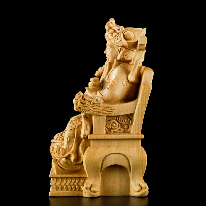 Богът на богатството 12 см Фън Шуй Статуя на Буда Китайски Чемшир плавателни съдове от масивно дърво Декорация на дома, Дърворезба Изображение 1