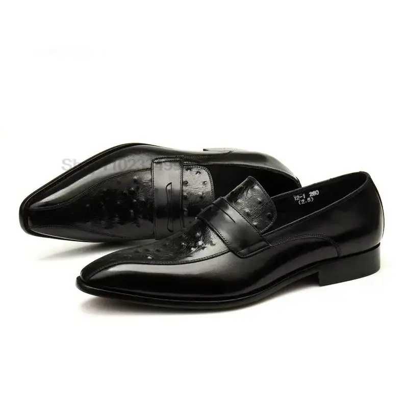 Класически Мъжки лоферы с страусиным модел, модел обувки от естествена телешка кожа, двустаен, Обзаведен офис ръчно изработени обувки без закопчалка в италиански стил Изображение 1