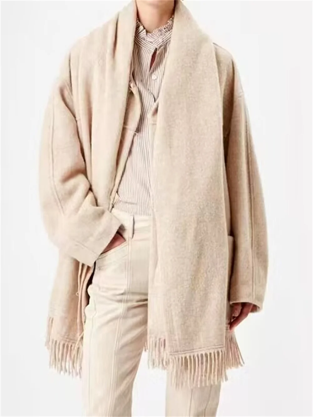 Дамско палто с шал и яка с ресни, Полушерстяное палто, есен 2023, Нов дамски монофонични свободен яке-жилетка с дълъг ръкав Изображение 1