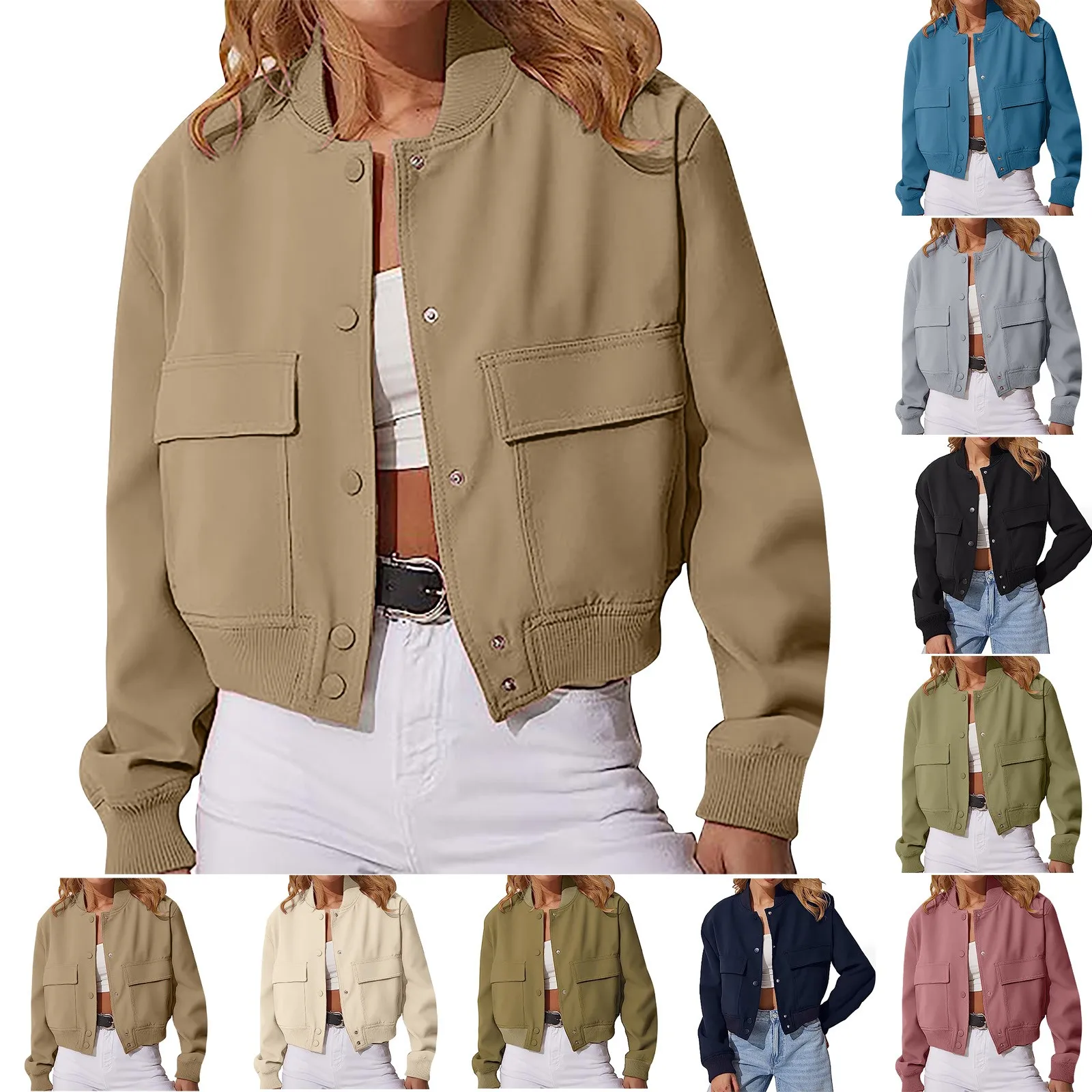 Дамско яке с прости голям джоб, Модерно късо палто с яка-ботуш и дълъг ръкав, Пролетно ежедневни Дамски однобортная однотонная на горно облекло Изображение 1