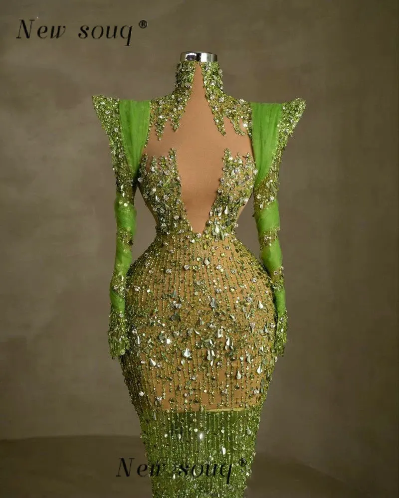 Арабската Зелена Сексуална илюзия, лъскави пайети, Вечерни рокли с високо воротом и дълги ръкави За специални случаи, официални събития, официални рокли Изображение 1