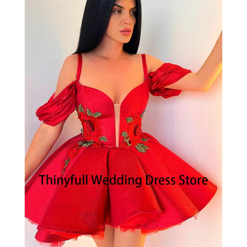Тънки Червени Рокли за Партита в Саудитска Арабия с открити рамене, вечерни рокли за абитуриентски бал с 3D цветя, Празнични рокли Изображение 1
