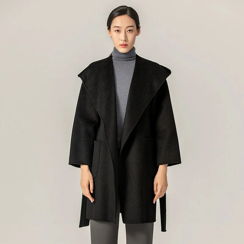 Есенно-зимно Дамско двустранно вълна палто 2023 с качулка и водна ромолящи Изображение 2
