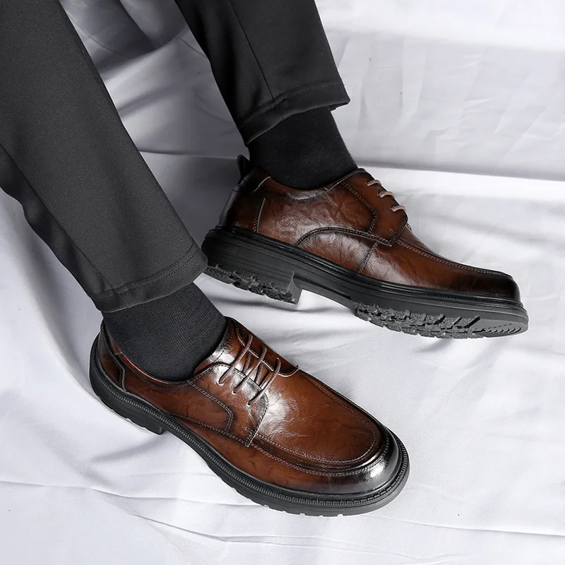 Кожена есен нова мъжки обувки от естествена кожа, мека износостойкая дебела бизнес официалната Безплатна доставка Изображение 2