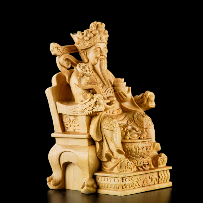 Богът на богатството 12 см Фън Шуй Статуя на Буда Китайски Чемшир плавателни съдове от масивно дърво Декорация на дома, Дърворезба Изображение 3