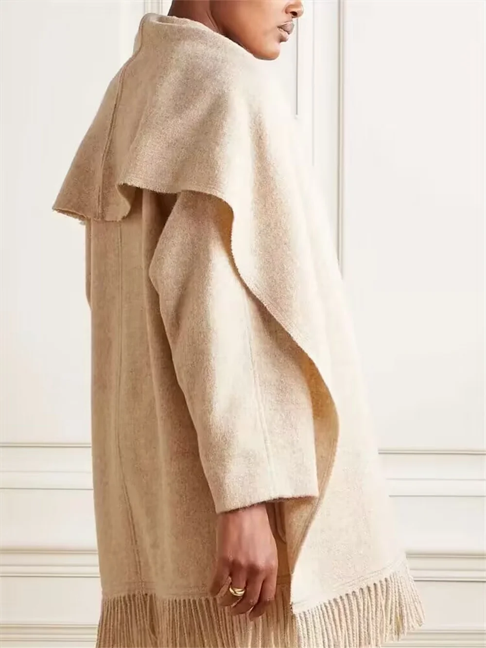 Дамско палто с шал и яка с ресни, Полушерстяное палто, есен 2023, Нов дамски монофонични свободен яке-жилетка с дълъг ръкав Изображение 3