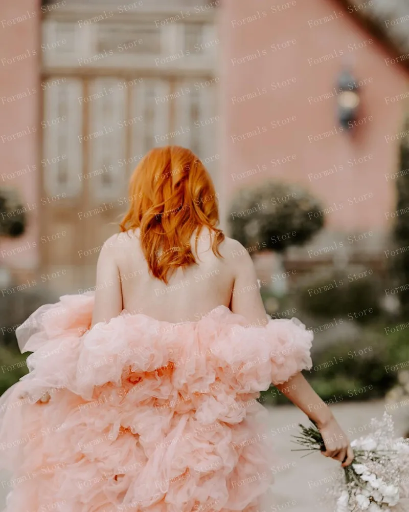 Коралово-розово пищни бална рокля от тюл с открити рамене, Многослойни вечерни рокли с дължина до пода, с влак, дантела отзад, Елегантна рокля за бала Изображение 3
