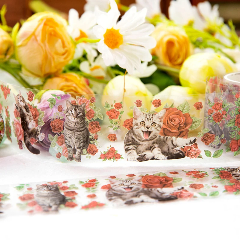 1 ролка лента с 50 мм * 2 м, лента за домашни животни, котката с цветя, творчески сладък котки, материал за ръководство 