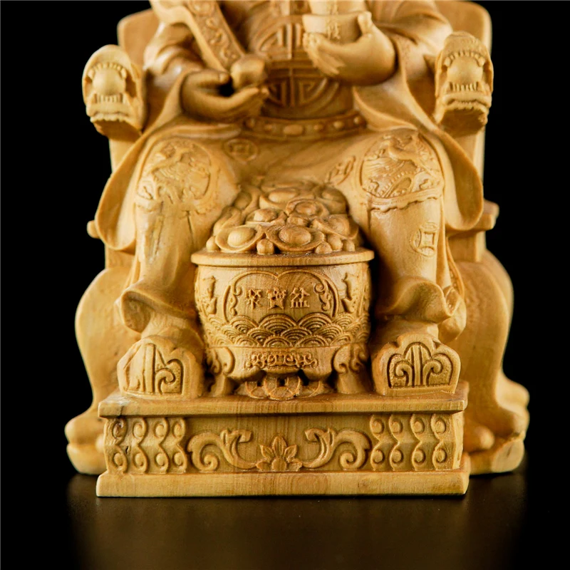 Богът на богатството 12 см Фън Шуй Статуя на Буда Китайски Чемшир плавателни съдове от масивно дърво Декорация на дома, Дърворезба Изображение 4