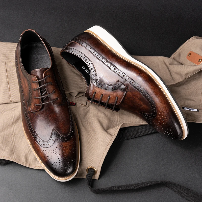 Модни и ежедневни кожени обувки в стил ретро, бизнес офис в Луксозна мъжка официална обувки в стил Дерби от естествена телешка кожа, мъжки обувки, ръчно изработени дантела Изображение 4