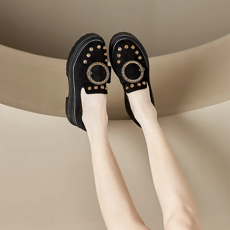 2023 г., обувки-торти по дебела подметка с кристали, през цялата чорап, метална пуговица, обувки на наклонени ток, обхващащи краката, лоферы в британския стил HZB Изображение 4