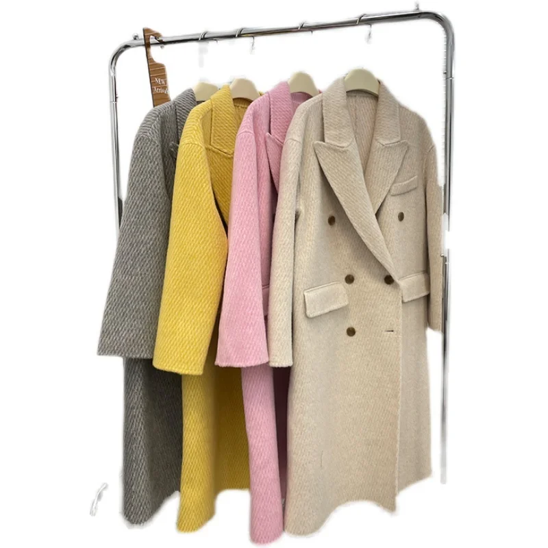 Жълто френското дълго двустранно кашемировое палто с принтом Хер за жени 2023, ново есен палто от алпака Изображение 4