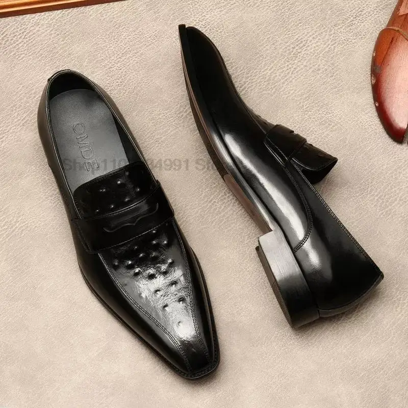 Класически Мъжки лоферы с страусиным модел, модел обувки от естествена телешка кожа, двустаен, Обзаведен офис ръчно изработени обувки без закопчалка в италиански стил Изображение 5