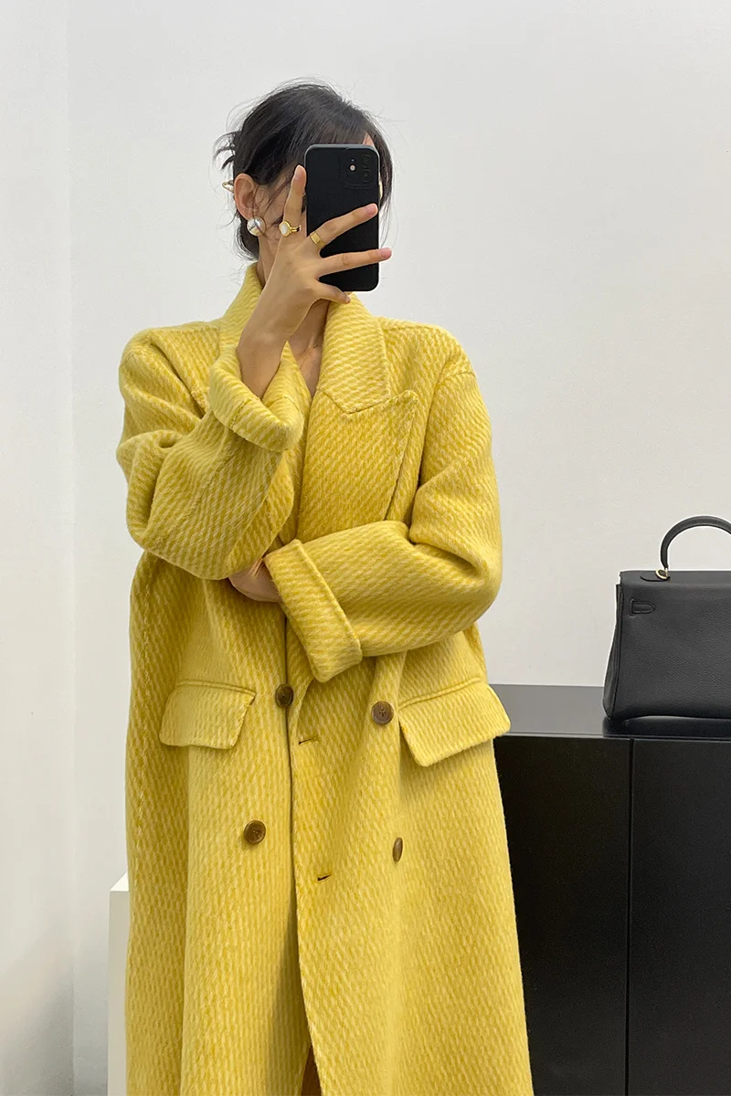 Жълто френското дълго двустранно кашемировое палто с принтом Хер за жени 2023, ново есен палто от алпака Изображение 5